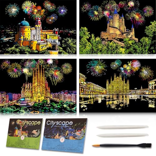 4 Pcs Scratch Art Rainbow Paper - Fireworks Castle & Church Cityscape Night View Sketch Card Engraving DIY Craft Color Pads for Adults and Teens with 3 Tools, Large Size 16 x 11.2 Inch Scratchboard