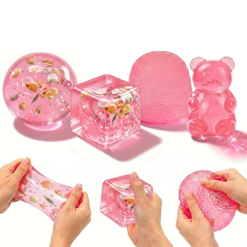 4Pcs Taba Squishies Fidget Toys, Stress Balls for Kids Adults, Clear Jelly Gummy Bear & Ice Ocean Cube Sensory Toys for Kids with Autism, Classroom Prize Birthday Gifts Party Favors (4Pcs-Pink)
