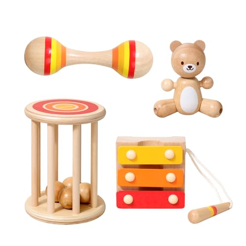 4 PCS Wooden Baby Rattle Set, Montessori Style Sensory Musical Instruments for 0-3 Years, Natural Wood Percussion Shakers, Early Learning Educational Toys for Infant Boys Girls, Birthday Gift