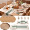 4 Sets Green Kitchen Decor,Table Setting Decor with Round Woven,Rectangular,Wooden Bead Napkin Rings,Cloth Napkins,Table Runner & Storage Basket,Natural Burlap Cotton for Kitchen Dining Table Home