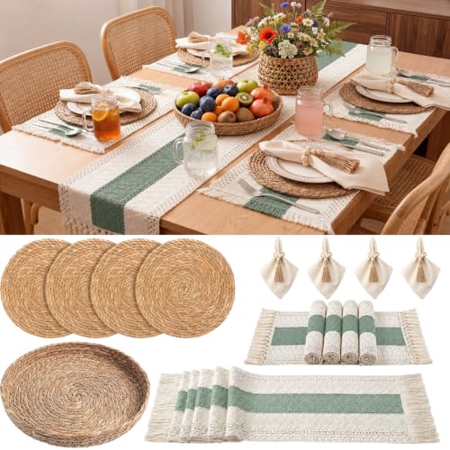 4 Sets Green Kitchen Decor,Table Setting Decor with Round Woven,Rectangular,Wooden Bead Napkin Rings,Cloth Napkins,Table Runner & Storage Basket,Natural Burlap Cotton for Kitchen Dining Table Home