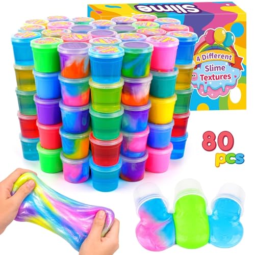 4 Textures - 80 Pack Slime Kit for Girls Boys, with Galaxy, Butter, Cloud, Clear Slime, Bulk DIY Putty Toys for Kids Party Favors, Sensory Stress Relief Birthday Gifts for Ages 4-8 8-12, Non-Stick
