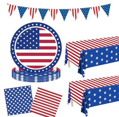 4th of July Decorations, 4th of July Paper Plates Napkins Patriotic Party Supplies,American Flag Themed Tablecloths Banner Patriotic Decorations Sets,Red White Blue Decor for Independence Day Serve 30