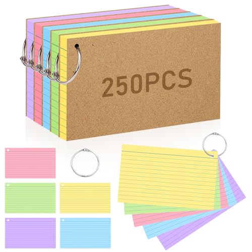 4x6 Inches Index Cards, 250PCS Colored Flash Cards with Ring, Lined on Both Side Notecards Ruled Study Card Flashcards Heavy Note Cards for Studying, Learning, School, College