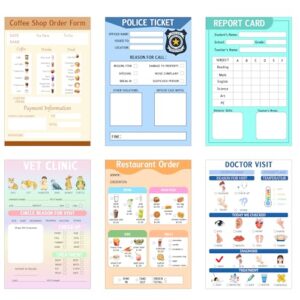 4x6 Inch Kids Pretend Play Notepads Imaginative Role Play Bundle Police Role Play Notepad Restaurant Role Play Pad Coffee Shop Role Play Pad for Toddlers Role Restaurant Policeman Play 60 Pcs