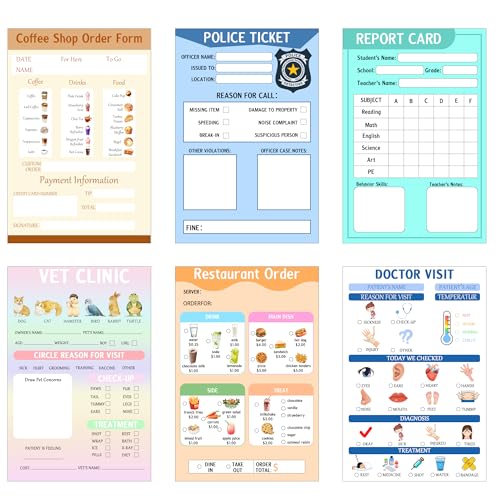 4x6 Inch Kids Pretend Play Notepads Imaginative Role Play Bundle Police Role Play Notepad Restaurant Role Play Pad Coffee Shop Role Play Pad for Toddlers Role Restaurant Policeman Play 60 Pcs