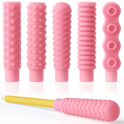 5-Pack Chewable Pencil Toppers for Sensory Kids,Silicone Pencil Top Covers for Autism, ADHD,SPD or Special Oral Motor Needs,Chewing Stim Tools Fidget Aid Focus for Student,Boys and Girls,Pink