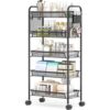 5-Tier Utility Cart with 3 Hooks, Heavy Duty Metal Storage Shelving Unit on Wheels, Mobile Service Trolley for Kitchen Classroom Office Laundry, Easy Assembly Black