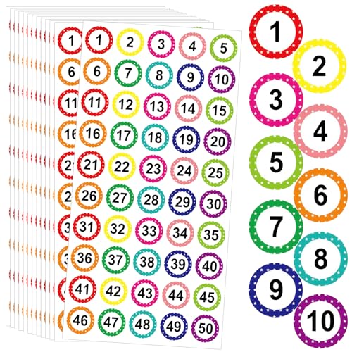 500 PCS Number Stickers 1-50 - 10 Colors 1 Inch Round Dot Number Stickers for Classroom, Self-Adhesive Consecutive Number Labels for Desk, Storage Bins, Office & Inventory Organization