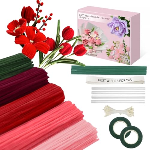 500 Pcs Pipe Cleaners Craft,5 Colors Pipe Cleaners Bulk,Chenille Stems Flowers Craft kit for DIY Handmade Bouquet Wrapping Party Decorations whit Ribbons,Stems,Tape,Stamens, Glue Sticks (Red)