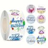 500Pcs Round Happy Birthday Vinyl Stickers Roll 1 Inch Watercolor Cupcake Balloon Gift Pattern Waterproof Sealing Labels for Birthday Party Gift Bag Bakery Package Small Business Wrapping Decor