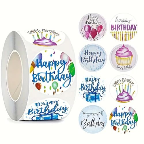 500Pcs Round Happy Birthday Vinyl Stickers Roll 1 Inch Watercolor Cupcake Balloon Gift Pattern Waterproof Sealing Labels for Birthday Party Gift Bag Bakery Package Small Business Wrapping Decor