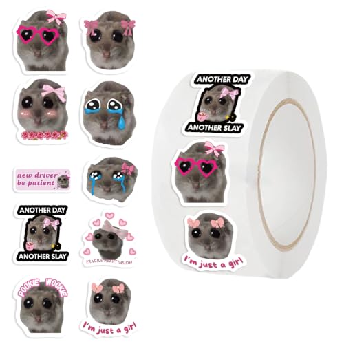 500PCS Sad Hamster Meme Roll Stickers, 10 Styles Waterproof Vinyl Funny Cute Hamster Decals Aesthetic Stickers Roll for Water Bottle, Phone, Laptop, Journal, Scrapbook, Skateboard, Bumper