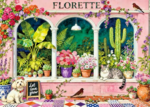500 Piece Jigsaw Puzzle for Adults -Floral Garden Window with Cute Cat Puppy - Vibrant Pink Plant Decor Paper Puzzle for Relaxation Finished Size 19.3" x 13.7"