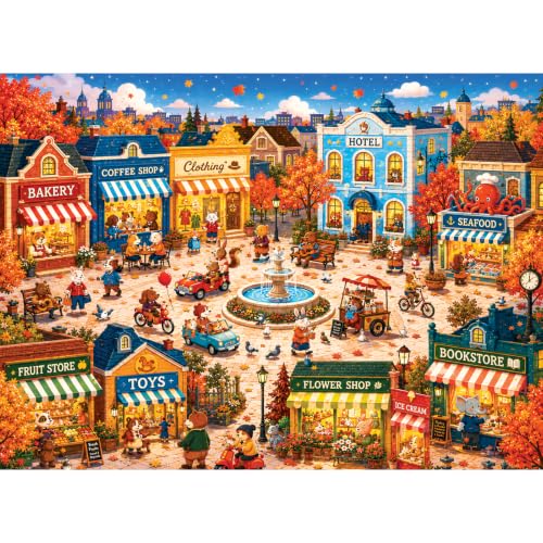 500 Piece Puzzle for Adults, Animal Town Square Jigsaw Puzzle, Autumn Forest Animal Village Puzzle 500 Pieces, Woodland Creature Landscape Puzzle, Letter Back, No Dust Decor Gift, 20.5 x15 in