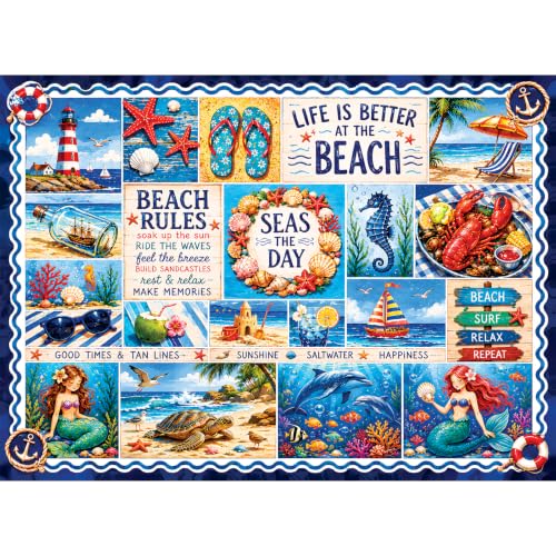 500 Piece Puzzle for Adults, Coastal Mosaic Beach Collage Jigsaw Puzzle 500 Pieces, Nautical Ocean Scenery Puzzle, Challenging Game Home Decor Birthday Party Gift Toy for Adults, 20.5 x15 in
