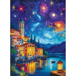 500 Piece Puzzle for Adults, Moonlit Lakeside Village Jigsaw Puzzle, Fantasy Night Landscape Puzzle 500 Pieces, Recycled Cardboard Adult Puzzles, Challenging Home Decor Gift for Adults, 20.5 x 15 in