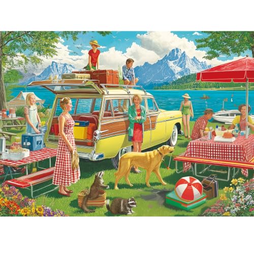 500 Piece Puzzle for Adults,Retro Lakeside Van Family Animal Puzzle,Mountain Lake Picnic Jigsaw Puzzle 500 Pieces,Challenging Recycled Board Puzzle for Home Decor, for Seniors,20.5 * 15in