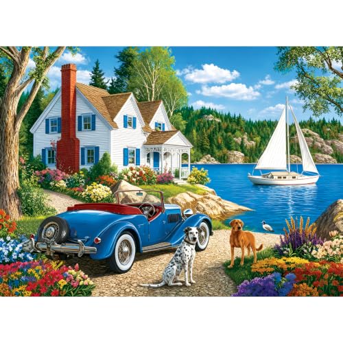 500 Piece Puzzles for Adults, Lake Mountains Cabin Jigsaw Puzzles 500 Pieces, Vintage Blue Car Puzzles for Teens Seniors, Dog Puppy Animal Jigsaw Puzzle Summer Scenery Puzzle Family Activity Gift