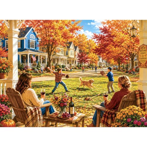 500 Piece Puzzles for Adults, Suburban Autumn Front Porch Family Jigsaw Puzzle 500 Pieces, Baseball Game Landscape Puzzle, Letter on Back, Family Activity Great Gift for Friends, 20.5 x 15 in