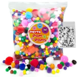 500 Pieces Craft Pompoms with 100pieces Wiggle Eyes, Bright and Bold Assorted Colors and Sizes, for Arts, Crafts, Decorations