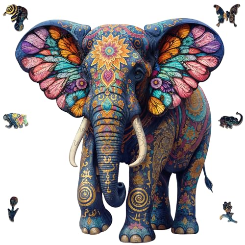 500 Piece Wooden Puzzles for Adults, Elephant Wooden Jigsaw Puzzles for Adults, Unique Animal Shaped Wood Puzzles, Fun Challenging Floral Elephant Puzzle for Friend Family Game Home Decor 17 * 16.2in