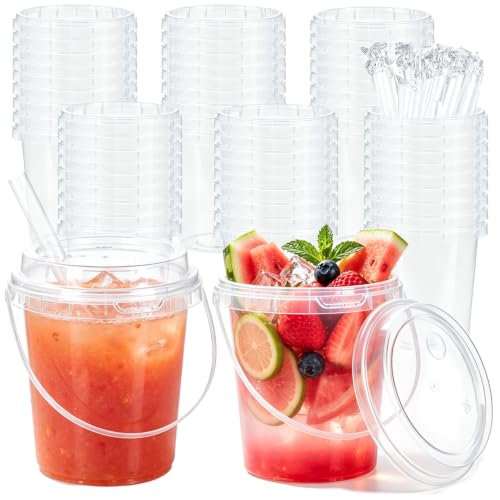 50 Pack 24 oz Drink Buckets with Lids, Straws & Handles, Disposable Clear Plastic Iced Coffee Cups for Milkshakes, Smoothies, Fruit Drinks, Rum & Lemonade Buckets for Pools, Beaches, Bars & Parties
