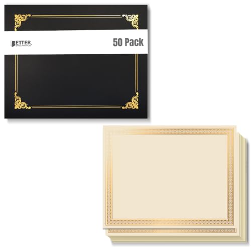 50 Pack Black Certificate Holders, Diploma Holders, Document Covers with Gold Foil Border, by Better Office Products -and- 50 Pack 8.5" x 11" Award Certificates, Ivory, with Gold Foil Metallic Border