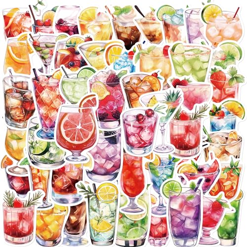50Pcs Cocktail Stickers,Waterproof Vinyl Summer Drink Tropical Cocktail Stickers for Journaling,Laptop,Water Bottle,Planner, Scrapbook,Phone Case,Luggage,Skateboard,DIY Decor
