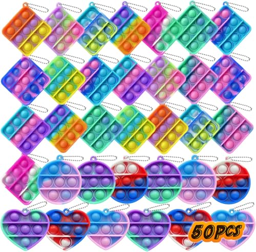 50 pcs Random Color Mini Squeeze Pop Bubble Fidget Sensory Toys, Mini Keychain Wrap Small Relieve Anxiety Stress Toy, Pop Bulk Silicone Classroom Prize for Kids Adult Party Gift