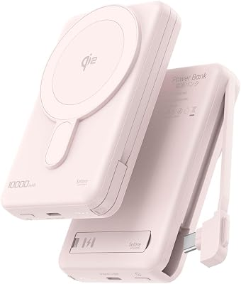 MagSafe Portable Charger 10000mAh Qi2 15W Fast Charging Magnetic Power Bank, Battery Pack with Foldable Stand, PD20W USB-C Built in Cable, Mag Safe Only for iPhone 17/16/15/14/13/1