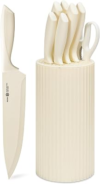 Knife Set, 8-Piece Kitchen Knife Set with Universal Block – Anti-Rust Chef Knives, Ergonomic Design, Dishwasher Safe (Cream)