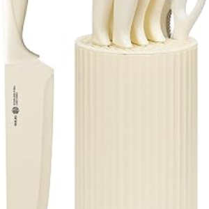Knife Set, 8-Piece Kitchen Knife Set with Universal Block – Anti-Rust Chef Knives, Ergonomic Design, Dishwasher Safe (Cream)