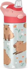 Cartoon Capybara Kawaii Insulated Water Bottle with Straw Handle for Kids 12 OZ Cute Flowers Plants Stainless Steel Vacuum Insulated Cup for Hot and Cold Drinks Travel Tumbler for Toddler Girls