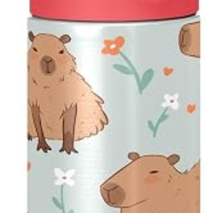 Cartoon Capybara Kawaii Insulated Water Bottle with Straw Handle for Kids 12 OZ Cute Flowers Plants Stainless Steel Vacuum Insulated Cup for Hot and Cold Drinks Travel Tumbler for Toddler Girls