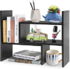 MMdipon Small Wood Adjustable Desktop Bookshelf, Expandable Storage Rack, Display Shelf, Office Supplies Organizer (Black)