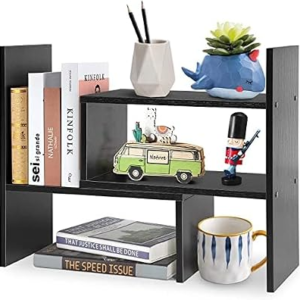 MMdipon Small Wood Adjustable Desktop Bookshelf, Expandable Storage Rack, Display Shelf, Office Supplies Organizer (Black)