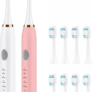 TSHAUBST 2 Pack Electric Toothbrush for Adults, Travel Electric Toothbrush Includes 10 Replacement Brush Heads, 5 Modes, 2 Hours Charge for 45 Days (White & Pink)