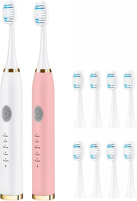 TSHAUBST 2 Pack Electric Toothbrush for Adults, Travel Electric Toothbrush Includes 10 Replacement Brush Heads, 5 Modes, 2 Hours Charge for 45 Days (White & Pink)