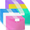 24 Pack Plastic Poly Filing Envelopes, Clear Document Folders US Letter A4 Size File Envelopes with Label Pocket & Paste Button for School Home Work Office Organization, 6 Assorted Color