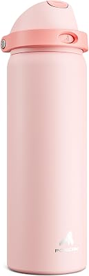 POWCAN 32 oz Insulated Water Bottle for Travel: 2-in-1 Lid with Push-Button Spout & Quick-Flip Straw, Leakproof, Keep Cold 24Hrs, Vacuum Stainless Steel for Travel, Trip, Hiking, Sport (Cotton Candy)