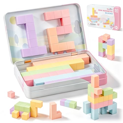 52 PCS Magnetic Blocks Toddler Travel Set with Metal Box, 0.8in Mini Building Cubes Travel Essentials Toys for Kids Ages 3+, STEM Educational Magnet Building Sensory Toys Boys Girls Birthday Gifts