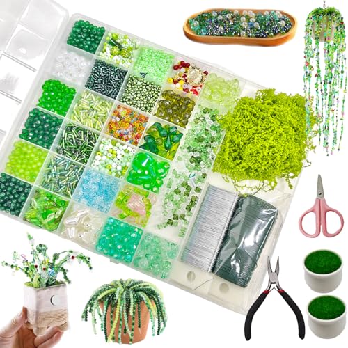 5422 Pcs Beaded Plant Kit with 2 Mini Flower Pots, Green Glass Leaf and Flower Beads for DIY Beaded Plants, Forever Plant Craft Kit, for Plant Making DIY Craft (Style A)