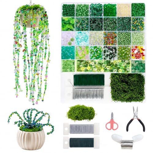 5422PCS Forever Plant Bead Kit, Green Glass Beads for Beaded Plants & Succulent DIY Crafts, Sun Catcher Home Decor Kit with Leaf Flower Beads, Moss, Floral Wire,Bead Stop Clamp (no pot & foam block)