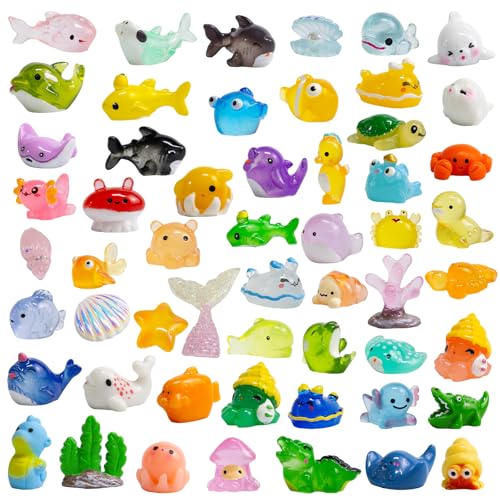 55PCS Mini Resin Ocean Animals, Tiny Resin Sea Animal Figurines Bulk, Cute Marine Life Figures to Hide, Aquarium Decor, Fairy Garden Miniatures, Slime Charms, Crafts, Beach Party Favors for Kids