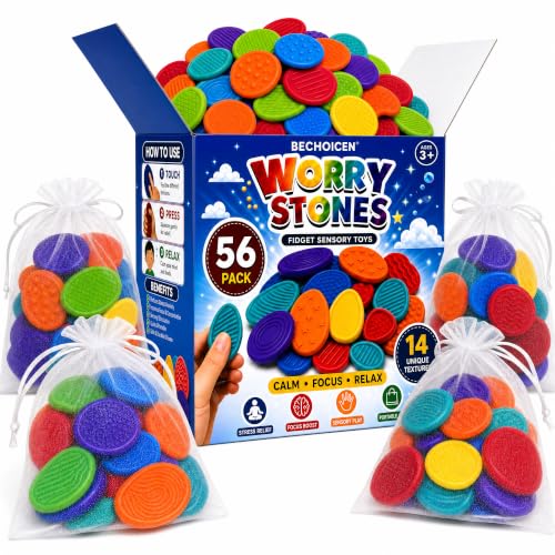 56 Pack Worry Stones Fidget Toys, Textured Silicone Sensory Stones with Storage Bags, Bulk Quiet Pocket Fidgets for Classroom Prizes, Party Favors, Treasure Box and Goodie Bags
