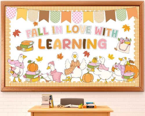 56Pcs Silly Goose Fall Classroom Decorations Fall in Love with Learning Bulletin Board Set Autumn Maple Leaves Pumpkin Books Cutouts for Thanksgiving Autumn School Office Home Chalkboard Wall Decor