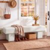 59" White Teddy Fleece Entryway Bench, Long Upholstered Ottoman Shoe Bench