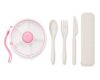 5 Compartment Toddler Snack Container Spinner with Travel Utensils Set Case, Kids Snack Tray Box, Rotating Snackle Organizer, Portable Picnic Food Storage, Reusable Wheat Straw Cutlery Kit-Pink