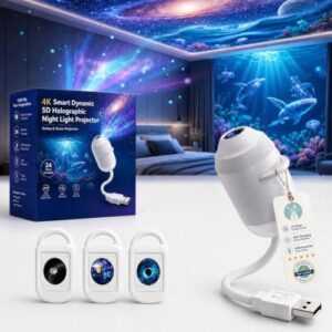 5D Holographic Night Light Projector, Plug and Play HD Star Galaxy Projector with Flexible Gooseneck & Adjustable Brightness, 2-in-1 Galaxy Star Projector, 360 Rotating, USB Powered，with 3 Films
